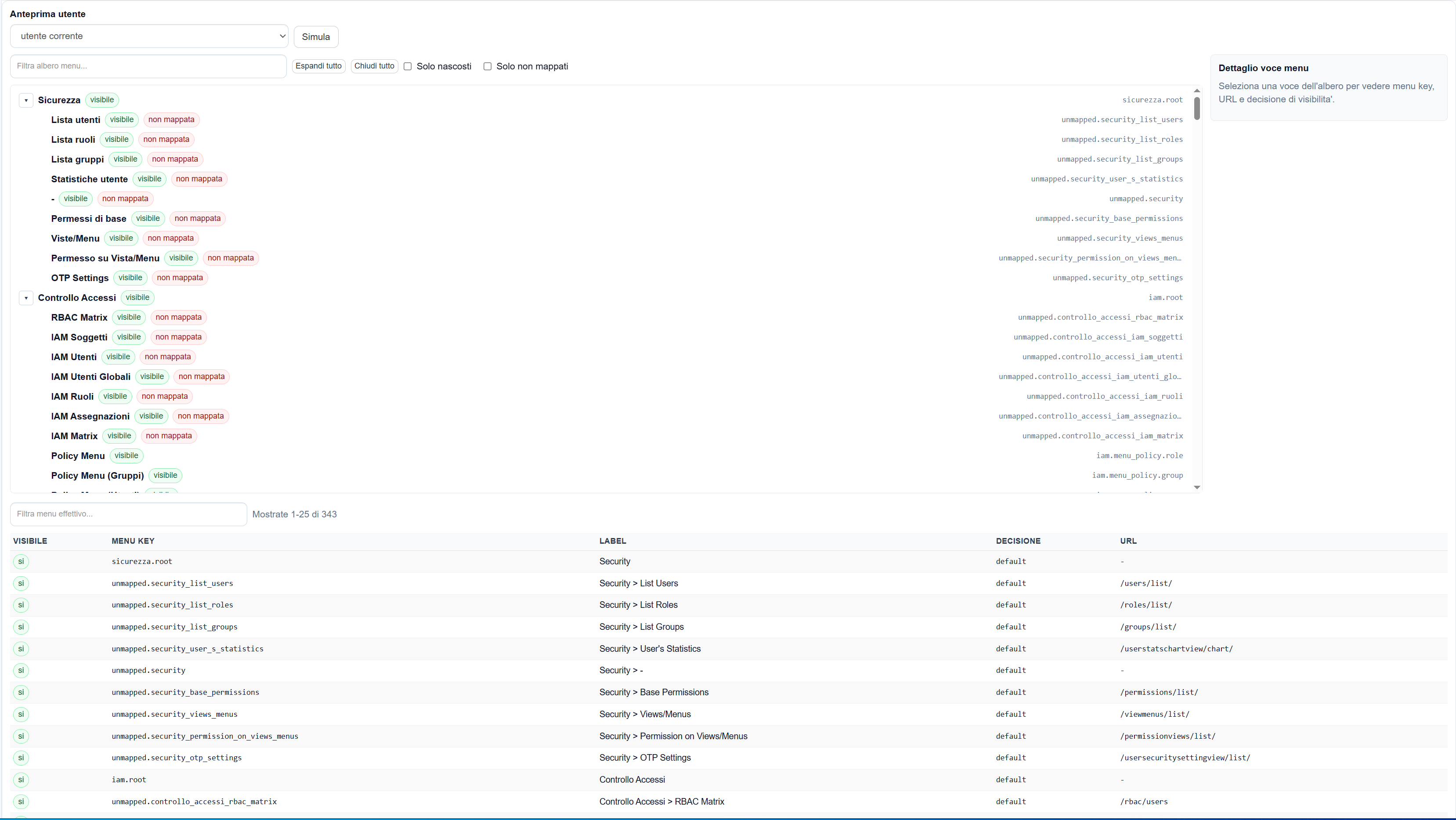 Albero menu nella Console Moduli e Accessi